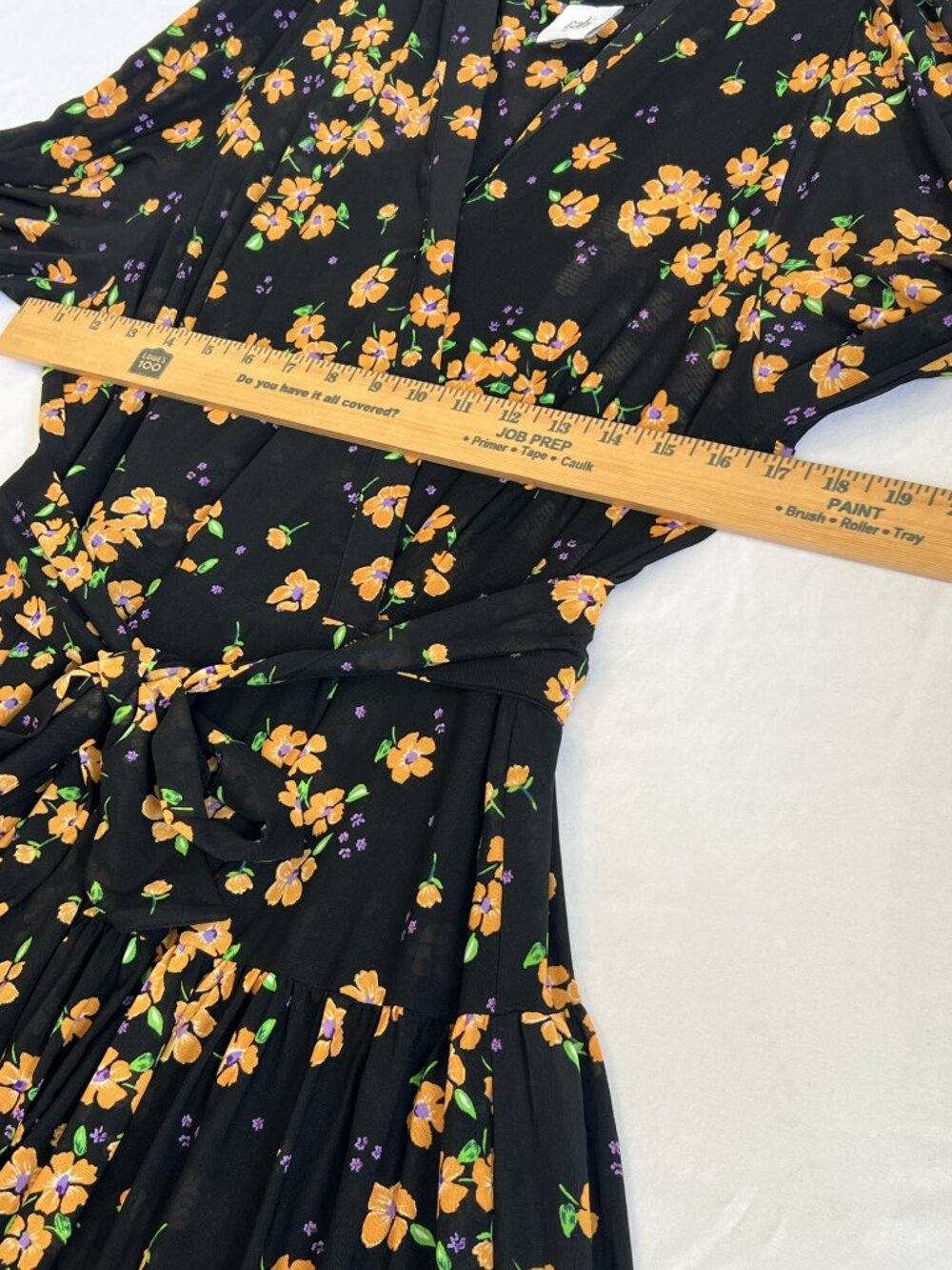 CAbi Debut Dress Fiesta Floral Wrap Dress Sz L Style 5945 Black Orange - Picture 5 of 9